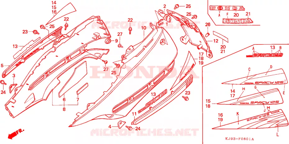 CARENAGES ARRIERE (CH125J/L/M/N/P/R) Honda SCOOTER 125 SPACY 1993  CH125P