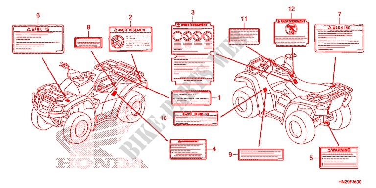 ETIQUETTE DE PRECAUTIONS pour Honda FOURTRAX 500 FOREMAN RUBICON Hydrostatic CAMO 2012