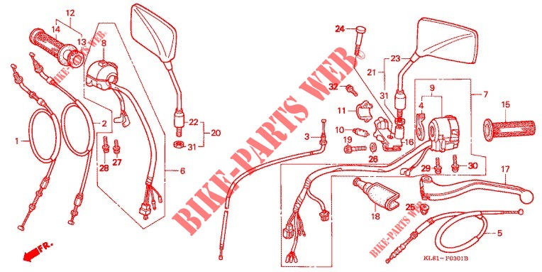 LEVIER DE GUIDON   CABLE   COMMODO (2) pour Honda GB 250 CLUBMAN Without speed warning light, Red 1993